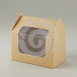 Kraft paper packaging box with a clear plastic window on one side. The box has a