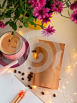 Kraft paper pouch bags coffee beans. Food packaging template mockup Pack clasp for tea leaves cocoa weight product. Cup