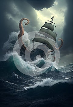 The kraken attacks the ship during a storm. AI Generated