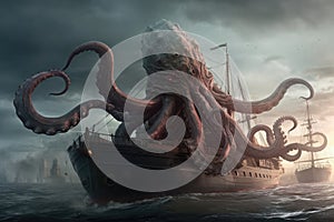 Kraken Embracing a Ship in Realistic Style for Adventure-Themed Designs.