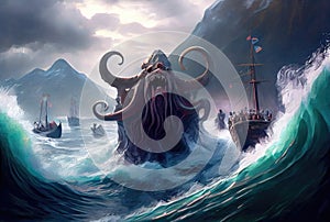 Kraken the giant octopus under the deep sea attacking and sinking the ship background. Digital art illustration. Mythical fantasy