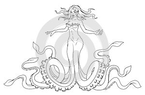 Kraken girl. Octopus woman sketch vector illustration. Beautiful sea creature