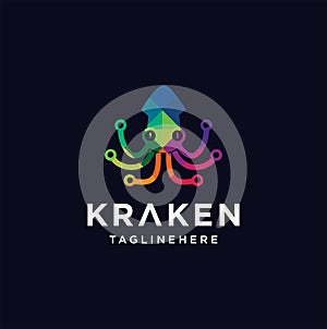 Kraken Octopus Tech Logo . Kraken Octopus Logo Polygon Colorful Template . cuttlefish Logo Design . Squid Logo