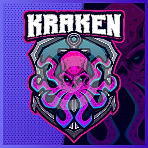Kraken pirates mascot esport logo design illustrations vector template, Cthulhu logo for team game streamer youtuber banner twitch