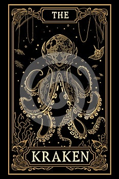 The Kraken poster card cryptid illustration. Giant mythical sea monster creature art photo