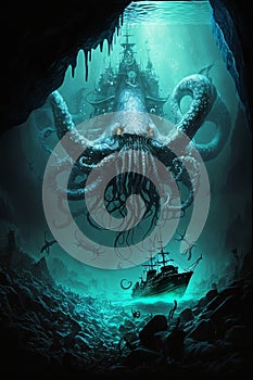 kraken superimposed underworld, scary octopus