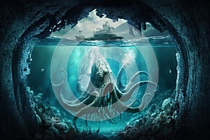 kraken superimposed underworld, scary octopus