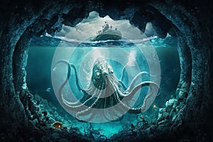 kraken superimposed underworld, scary octopus photo