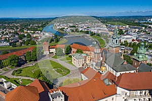 Krakow. Aerial View of Royal Wawel Castle and Gothic Cathedral. Vistula River. Historic center from above. Cracow, Poland