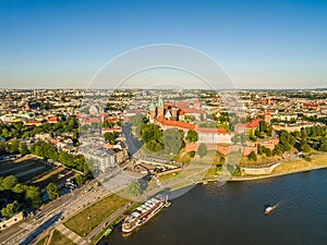 Krakow from the bird`s eye view. Vistula River Quay and Town Landscape with Wawel Castle.