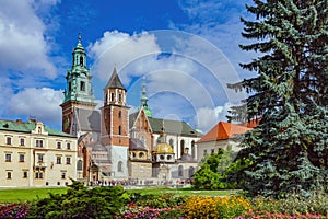 Krakow Cathedral on a sunny cloudy day, Krakow, Poland.