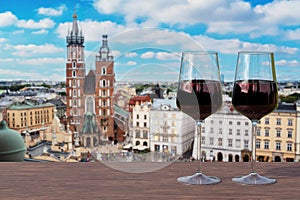 Krakow city center with St. Mary\'s Basilica from above in Krakow, Poland