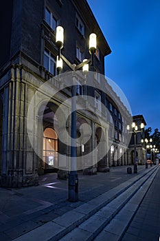 Krakow. Historical Communist architecture of Nowa Huta by night