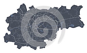 Krakow map. Detailed map of Krakow city poster with streets. Dark vector photo