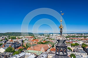 Krakow Old Town Aerial View. Main Market Square Rynek, old cloth hall Sukiennice, Church of St. Adalbert or St. Wojciech.