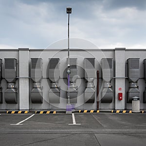 Ventilation system on rooftop parking level.