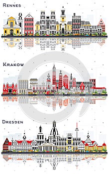 Krakow Poland, Dresden Germany and Rennes France City Skyline Set