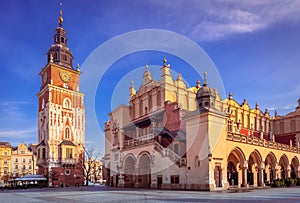 Krakow, Poland. Historical Ryenek Square with the Town Hall Tower