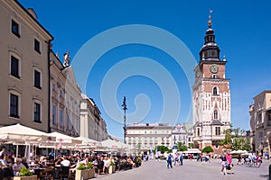 KRAKOW, POLAND - JUNE, 2017: Town Hall Tower is one of the main focal points of the Main Market Square in the Old Town