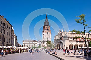 KRAKOW, POLAND - JUNE, 2017: Town Hall Tower is one of the main focal points of the Main Market Square in the Old Town