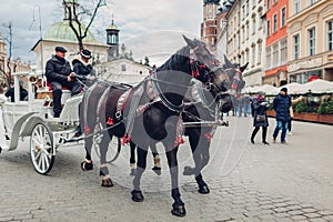 KRAKOW, POLAND - March 7, 2020: Horse carriage rides at Market square. Black decorated horses run in city center