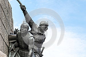 Krakow, Poland, Matejko Square Old Grunwald battle memorial statue monument, Jagiello victory, knight figures closeup, copy space