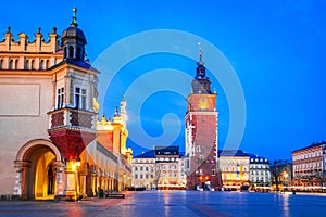 Krakow, Poland - Medieval Ryenek Square with the Cloth Hall and Town Hall Tower photo
