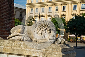 Krakow, Poland: Monument to the lion. Town Hall Tower at Main Market Square in the Old Town