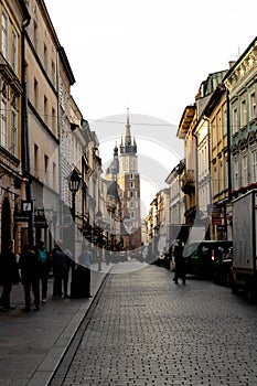 Krakow, Poland. October 9 2019.Old city center view with Adam Mickiewicz monument and St. Mary`s Basilica in Krakow