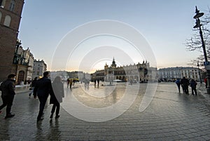 Krakow, Poland : Panorama of Cracow Main Square Plac Mariacki and serving as the handicraft market people