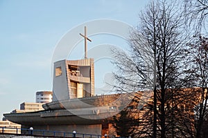 Krakow, Poland 23.01.2020: Parish of St. John Cantius. The modern building of the Church is made of gray concrete, with