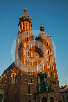 Krakow, Poland: St. Mary`s Basilica. Beautiful Church in the historical center of Krakow, Main Market Square, Rynek Glowny