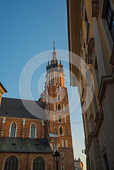 Krakow, Poland: St. Mary`s Basilica. Beautiful Church in the historical center of Krakow, Main Market Square, Rynek Glowny