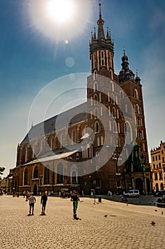 Krakow, Poland - 08/08/2020 - St. Mary`s Church in the Market Square in Krakow