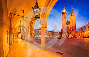 Krakow, Poland - Historic charming Cracovia\'s night scene, Ryenek Square photo