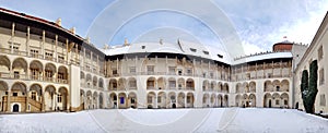 KRAKOW, POLAND 2021 - The tiered arcaded inner courtyard of the Wawel Royal Castle. Panoramic view.