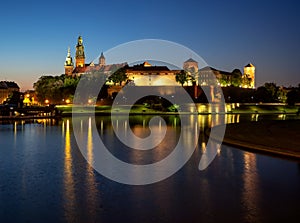 Krakow, Poland. Wawel cathedral, castle and Vistula at night