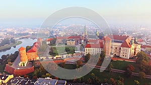 Krakow, Poland. Wawel royal Castle and Cathedral, Vistula River. Cracow old city with historic churches in the