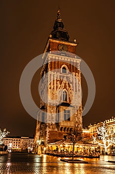 Krakow after rain,Poland.Main square with famous Christmas markets,Rynek Glowny at night with reflection,decorated Xmas tree.