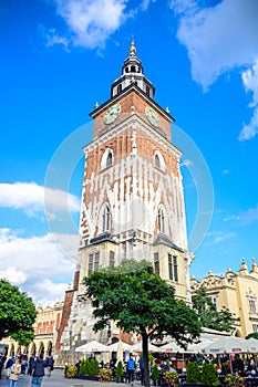 Krakow`s Town Hall Tower located in Main Square of the Old Town of Krakow, Poland