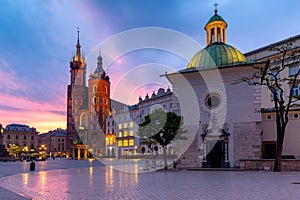 Krakow. St. Mary`s Church and market square at dawn.