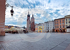 Krakow. St. Mary`s Church and market square at dawn.