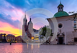 Krakow. St. Mary`s Church and market square at dawn.