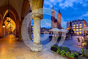 Krakow. St. Mary`s Church and market square at dawn.