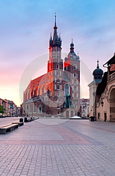 Krakow. St. Mary`s Church and market square at dawn.