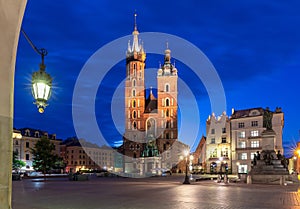 Krakow. St. Mary's Church and market square at dawn.