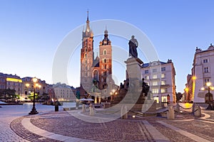 Krakow. St. Mary's Church and market square at dawn.