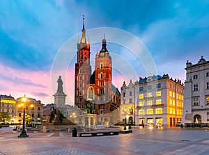 Krakow. St. Mary`s Church and market square at dawn.