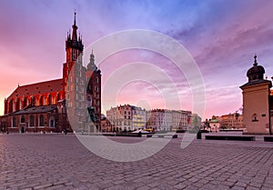 Krakow. St. Mary`s Church and market square at dawn.