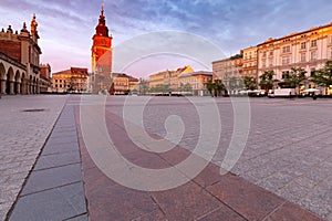 Krakow. St. Mary`s Church and market square at dawn.